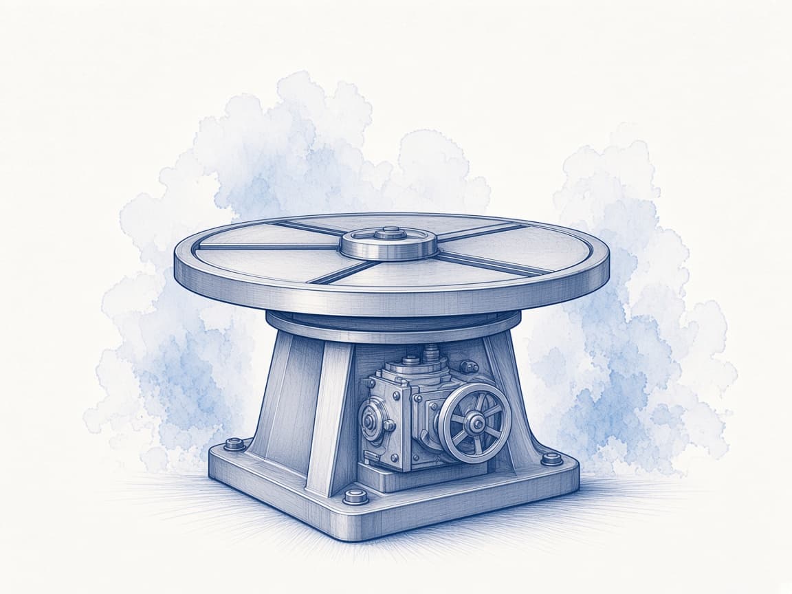 Blue ink illustration of an industrial turntable and positioner