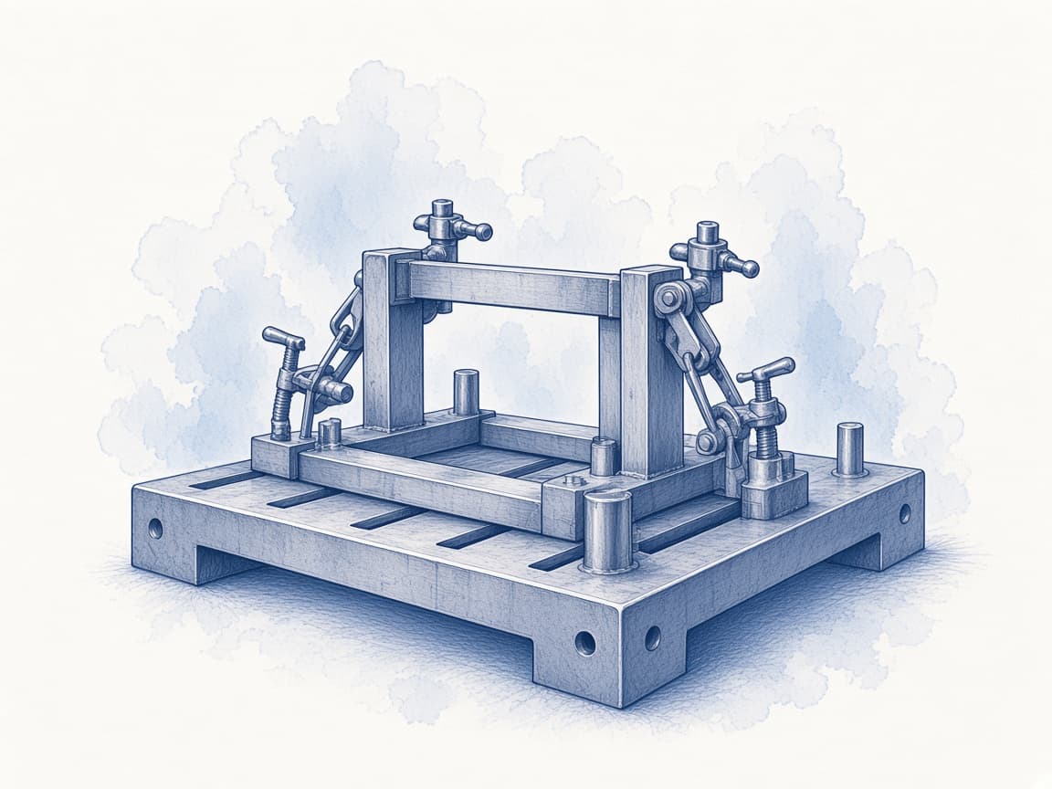 Blue ink illustration of a steel welding jig with clamps and locating pins