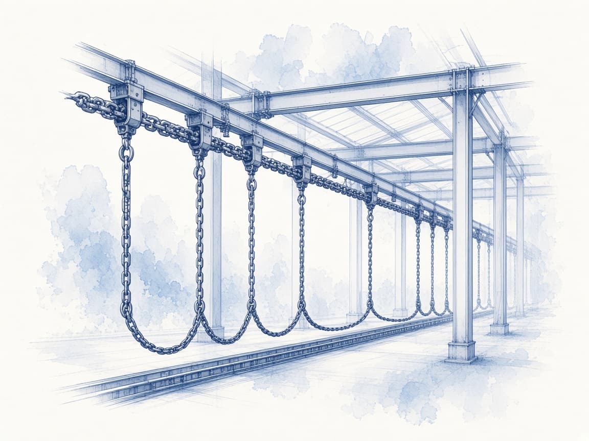 Blue ink illustration of an overhead chain conveyor and floor trolley rail