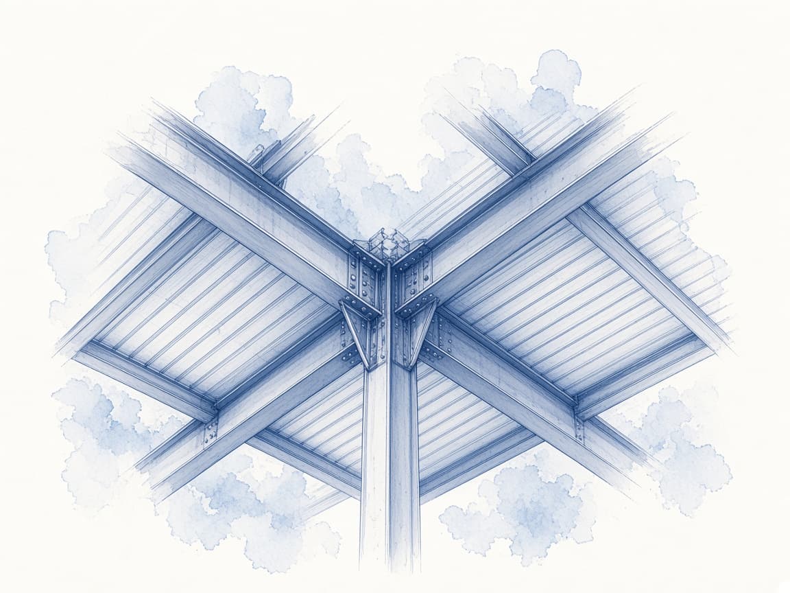 Blue ink illustration of industrial ceiling trusses, beams, and roof decking