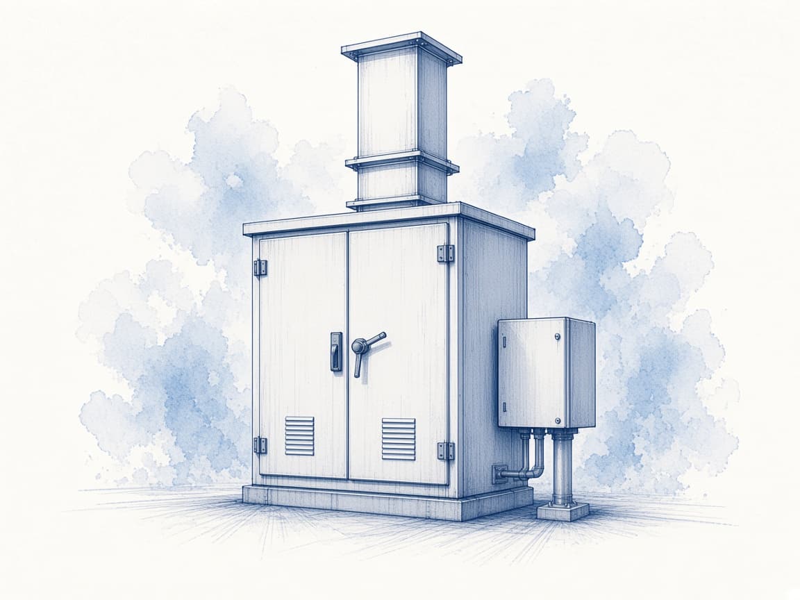 Blue ink illustration of an electrical cabinet, bus duct, and junction box