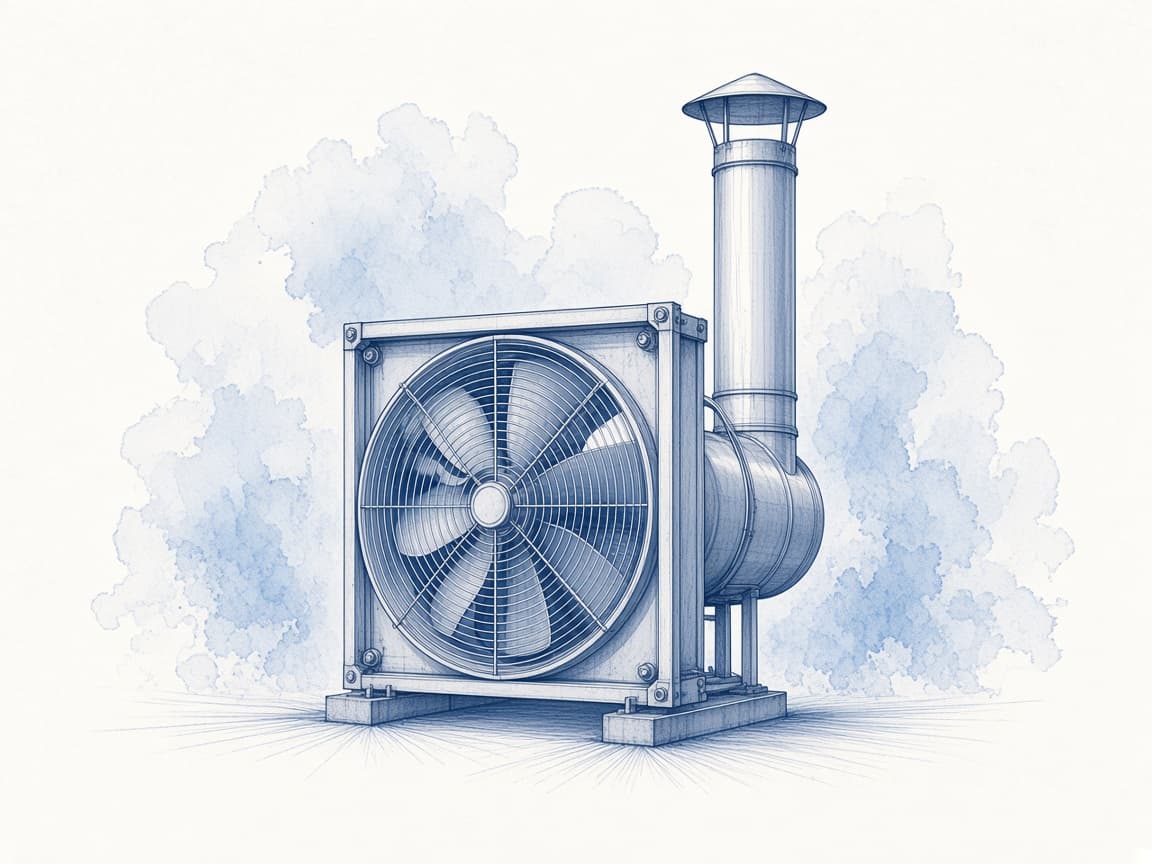 Blue ink illustration of an industrial exhaust fan, duct, and stack