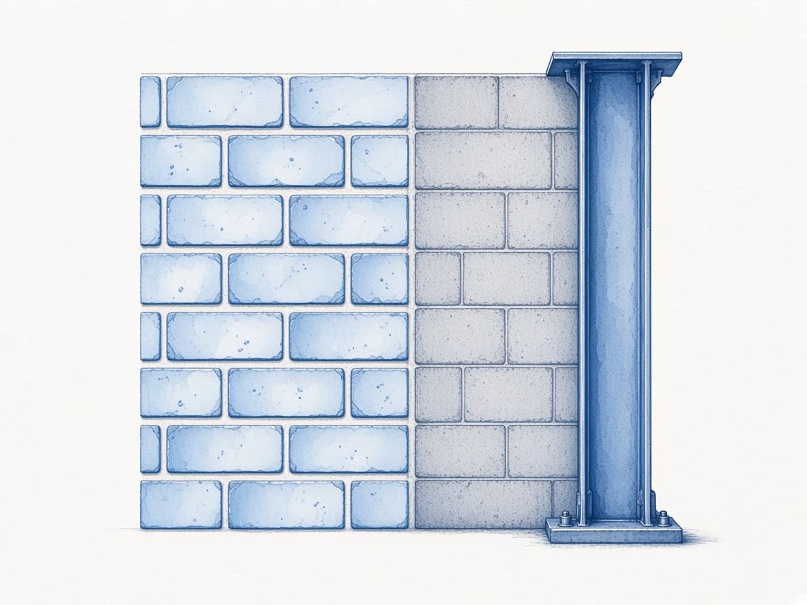 Blue ink illustration of a brick wall, concrete block, and a steel column